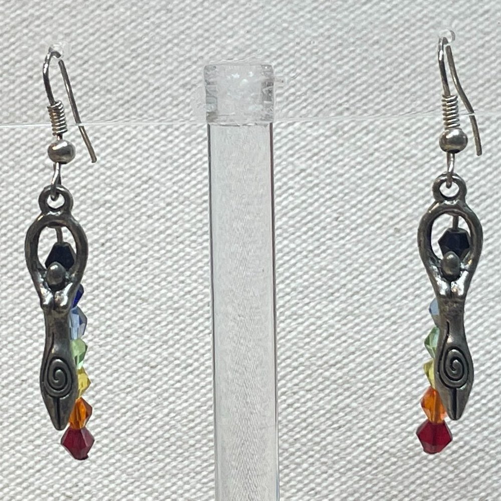 HANDMADE BEADED ART RAINBOW SWAROVSKI CRYSTALS STERLING SILVER GODDESS EARRINGS